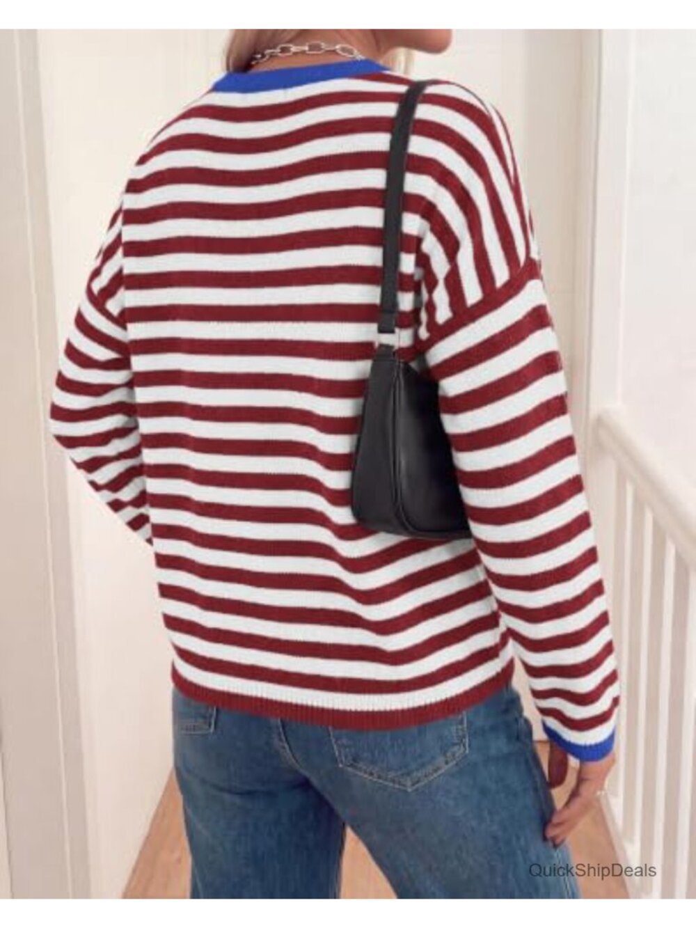 Oversized Striped Crewneck Sweater, Soft Knit, Long Sleeve - Picture 2 of 6